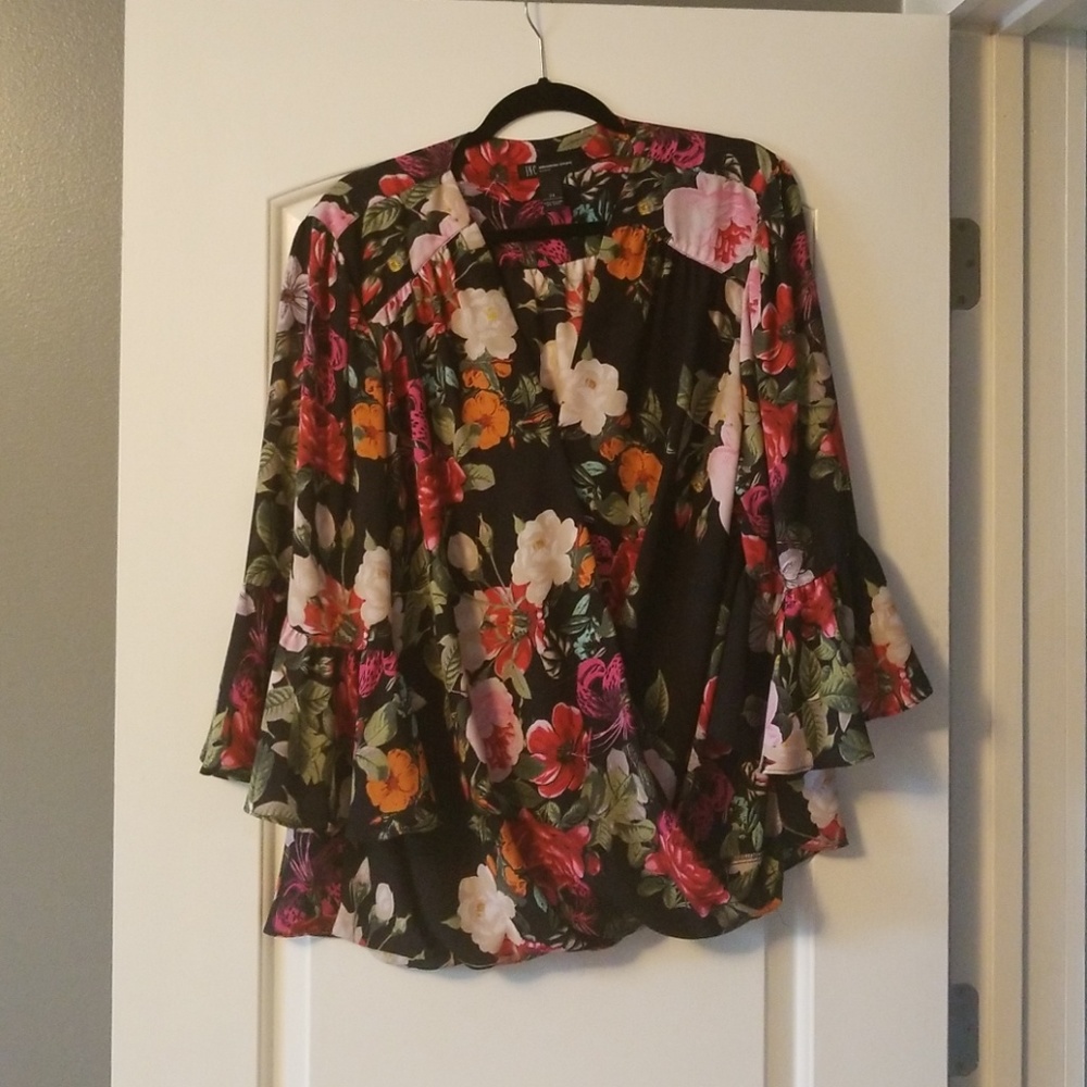Black floral 3/4 bell sleeve faux wrap blouse